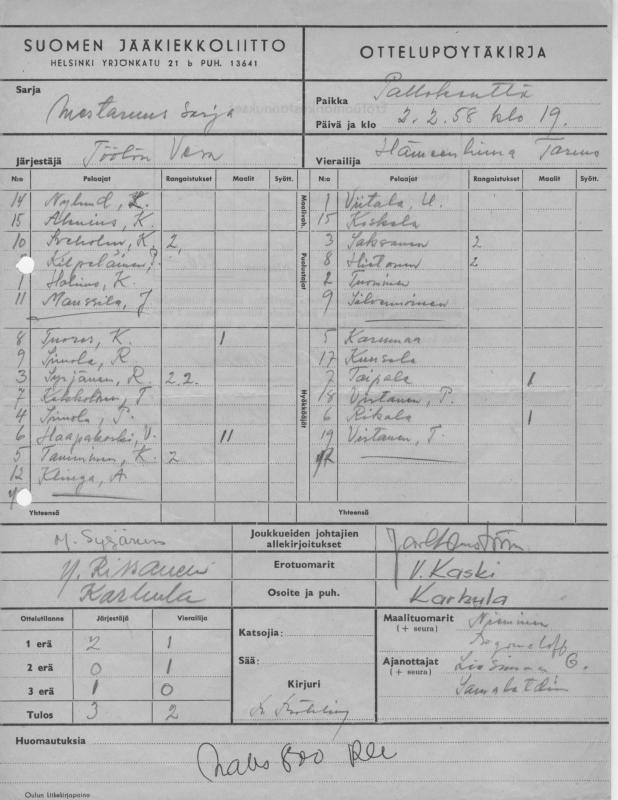 Esikatselukuva: Mestaruussarjan ottelupöytäkirja Vesa - Tarmo 2.2.1958