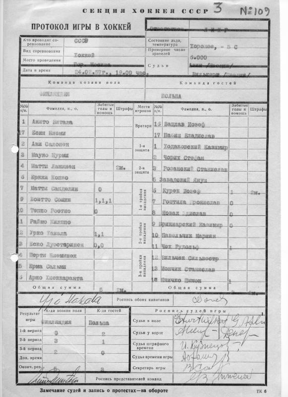 Esikatselukuva: Maaottelupöytäkirja, miehet Suomi - Puola 24.2.1957
	
		Tulos: 5-3