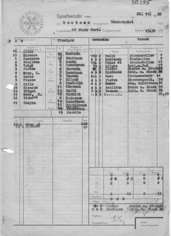 Esikatselukuva: Maaottelupöytäkirja, miehet Suomi - Itä-Saksa 22.11.1962 (1/2)
	
		Tulos: 0-2