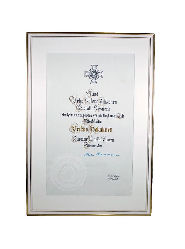Esikatselukuva: Veikko Hakulisen Suomen Urheilun suuri ansioristi -diplomi