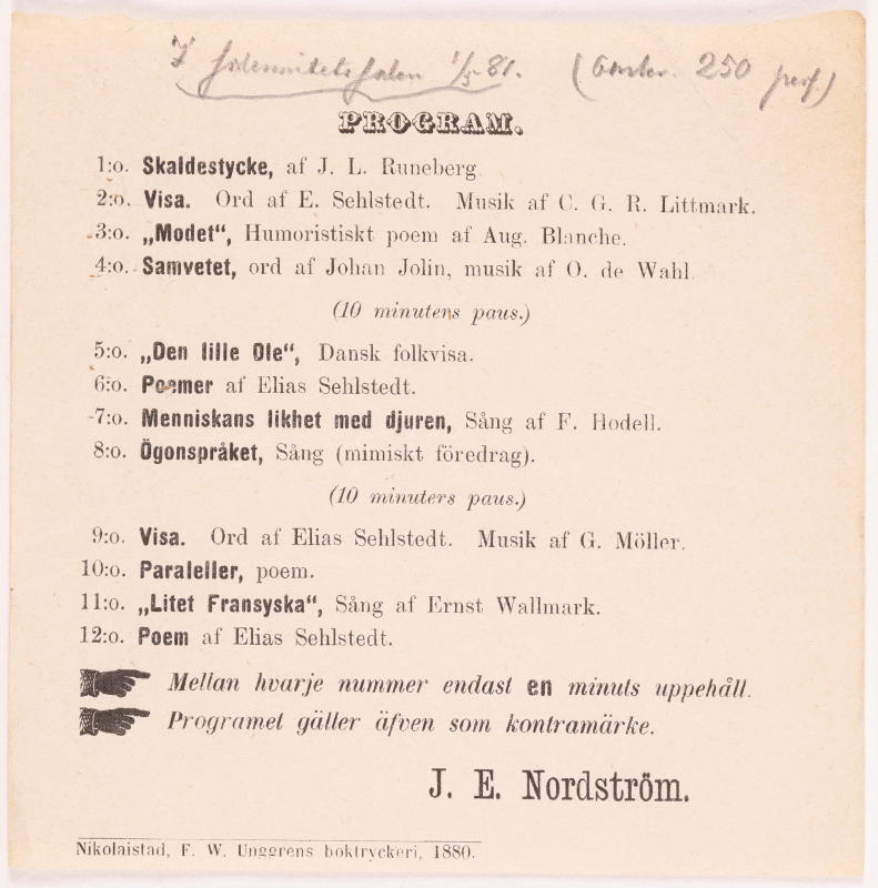 Esikatselukuva: J. E. Nordströmin dramaattis-humoristinen iltaman ohjelma juhlasalissa 1.5.1881