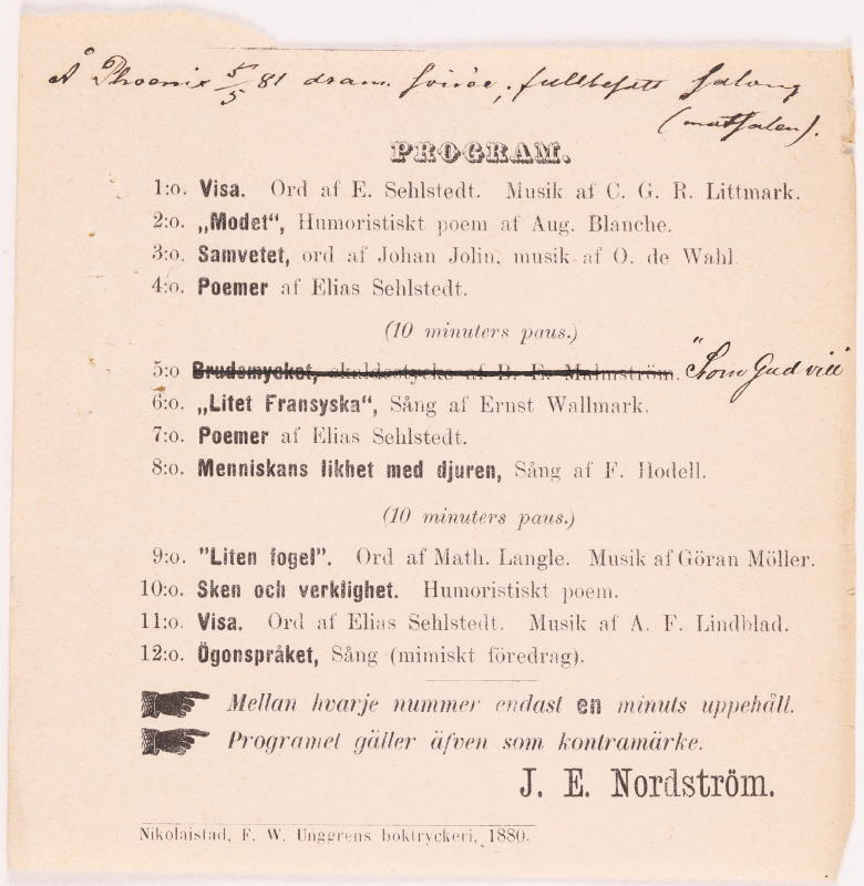 Esikatselukuva: J. E. Nordströmin dramaattisen iltaman ohjelma 5.5.1881