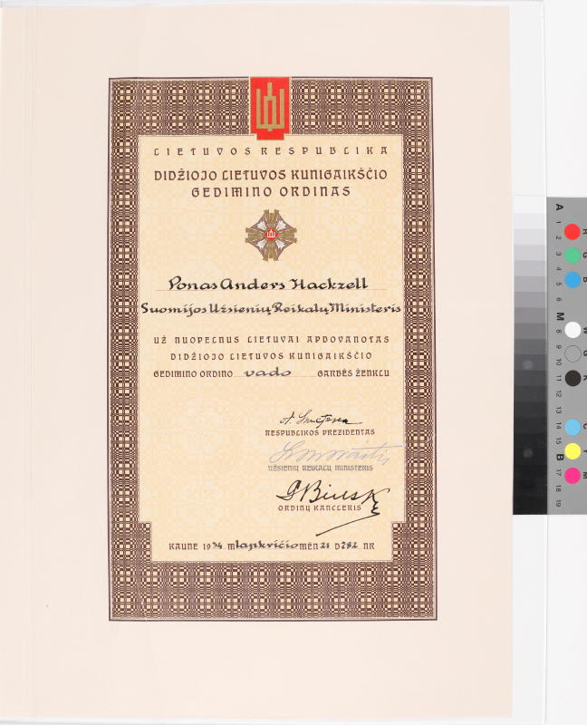 Esikatselukuva: Liettuan suuriruhtinaan Gediminaksen ritarikunnan suurristin kunniakirja
